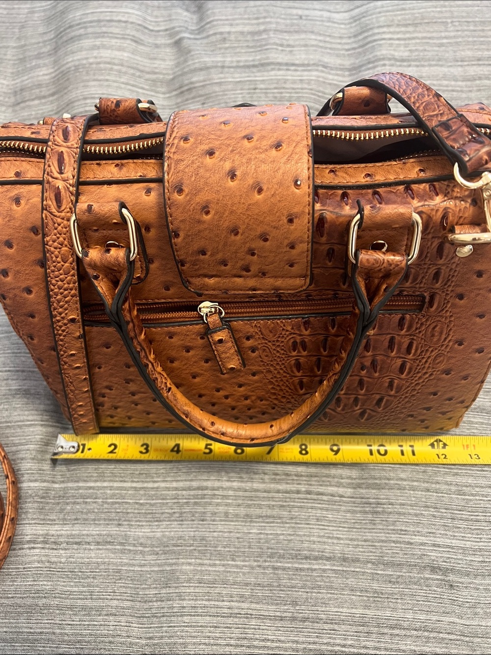 Structured Cognac Faux Ostrich & Croc Satchel with Gold Hardware - Picture 5 of 7
